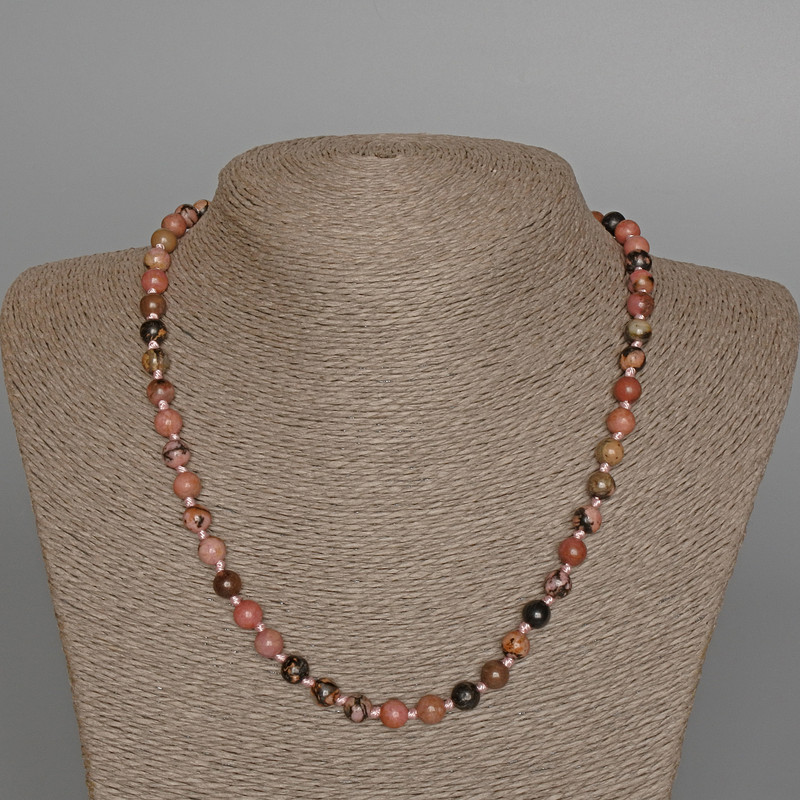Collana in rodonite, perle lisce, diametro 7 mm ±, lunghezza 49 cm ±