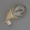 Spilla Piuma Haliotis, perla bianca e strass 51×25 mm, metallo dorato