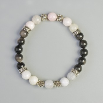 Bracciale di obsidiana argentata e giadeite colorata, diametro 8 mm ± (elastico), lunghezza 18 cm ± con inserti metallici