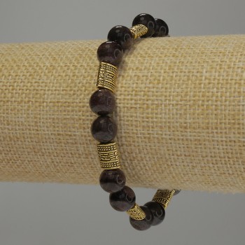 Bracciale granato con palline lisce, diametro 8 mm ±, con inserti metallici, lunghezza 18 cm, elastico