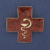 Spilla-pendente Croce con Serpente sul Calice, smalto rosso e metallo dorato 38×38 mm+