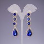 Orecchini con cristalli blu, lunghezza 6 cm, metallo giallo