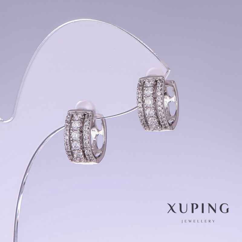 Orecchini Xuping con strass bianchi, lunghezza 14 mm, spessore 6 mm, rodio