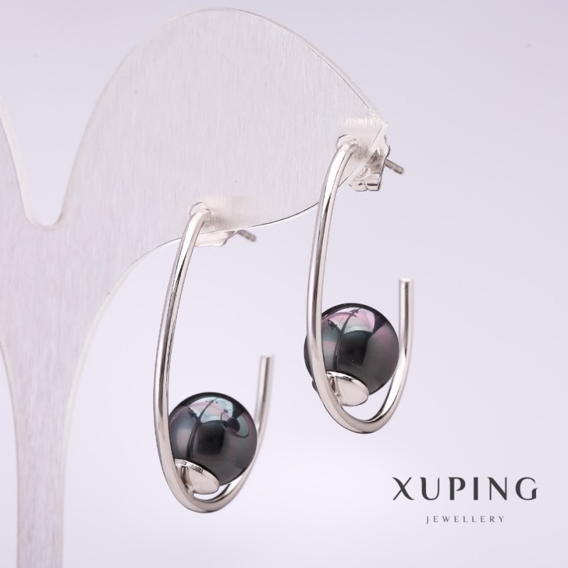 Orecchini Xuping con clip e perla Maiorca nera 33×10 mm rodio