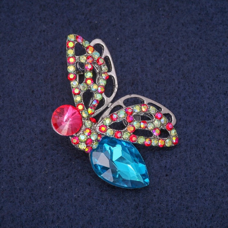 Spilla farfalla in cristalli, metallo argentato 28×45 mm