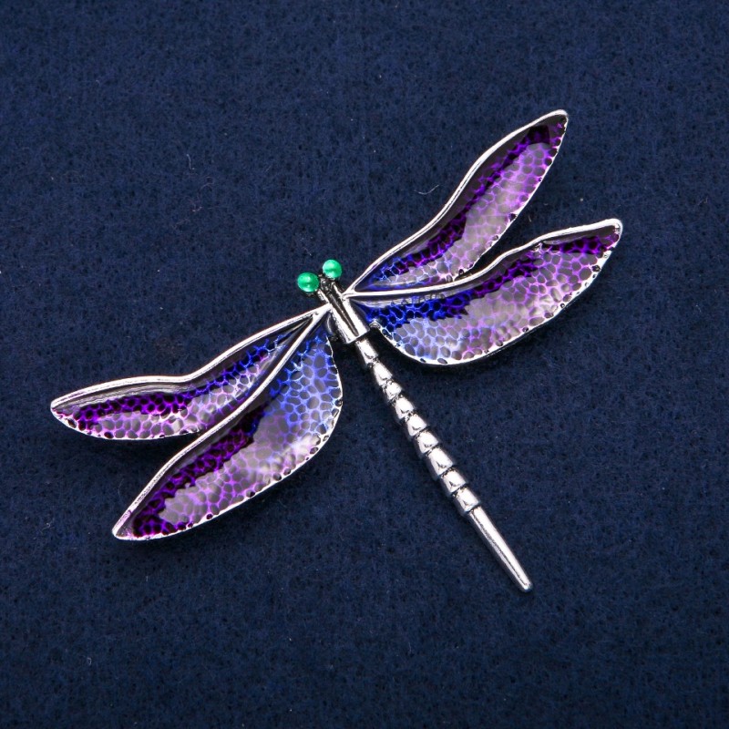 Spilla Libellula smalto viola, metallo argentato 47×76 mm