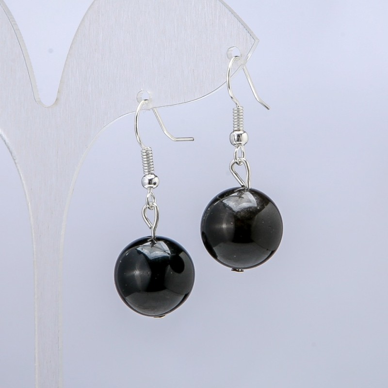 Orecchini in obsidiana argentata, diametro 14 mm ±, lunghezza 30 mm ±