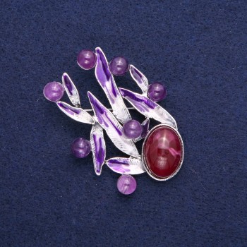 Spilla Foglie con ametista, smalto viola, metallo argentato 38×53 mm