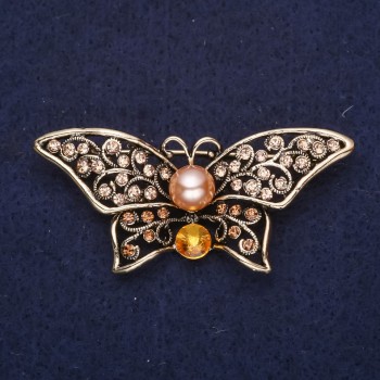 Spilla a forma di farfalla con pietre gialle e perlina di perla, 55×25 mm, metallo dorato