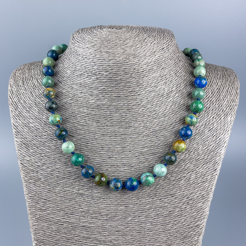 Collana di crisolite e lapislazzuli, sfere lisce, diametro 10 mm ±, lunghezza 48 cm +