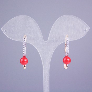 Orecchini Xuping con doratura 18K, perla rossa e strass bianchi, diametro 30x8 mm+