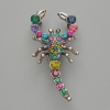 Spilla-ciondolo Scorpione con strass multicolori, metallo argentato 28×54 mm